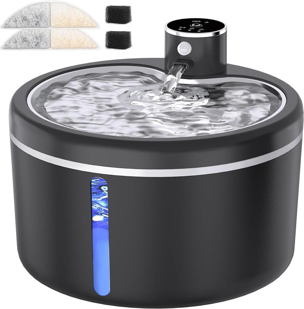 Cat Water Fountain Cordless, 108oz/3L Pet Fountains for Cats Indoor with Stainless Steel Tray, Battery Operated Cat Drinking Fountain with Motion Sens