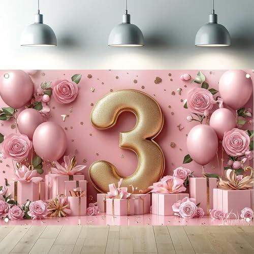 Starlit Patio Pink 3rd Birthday Backdrop 71 x 43 Inch Gold Balloon Number Party Banner Elegant Floral Photo Booth Background Decorations for Girls Kids Third Birthday Celebration