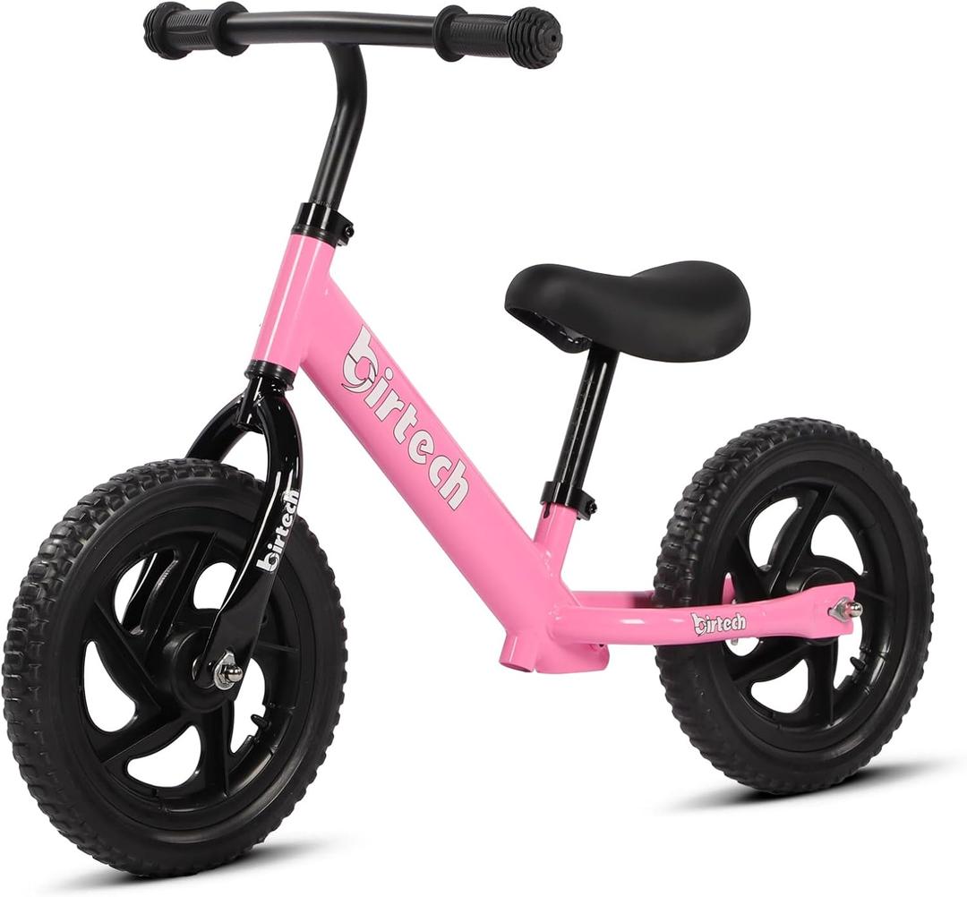 Birtech 12 Inch Toddler Balance Bike for Kids 2-6 Years Old, Adjustable Seat Height, Indoor Outdoor Toy Bicycle With No Pedals, Pink