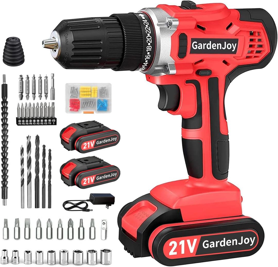 GardenJoy 20v Cordless Drill Set, Power Electric Kit 2 Batteries With Charger 30Nm 2 Speed 3/8" Keyless Chuck 24+1 Torque Drill Driver Screwdriver Bits with LED Electric Work Light for Men DIY