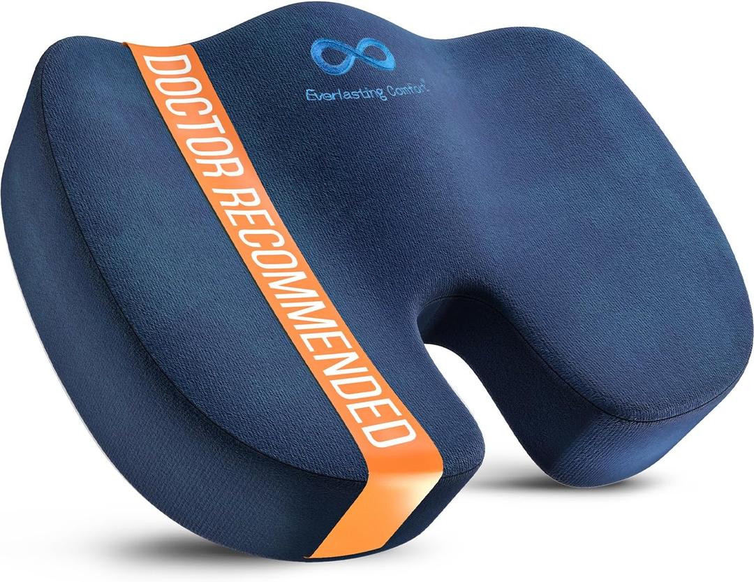 Everlasting Comfort Doctor Recommended Memory Foam Seat Cushion for Office Chairs & Car Seat - Ergonomic Office Desk Accessories for Tailbone Pain Relief, Sciatica & Back Support (Navy Blue)