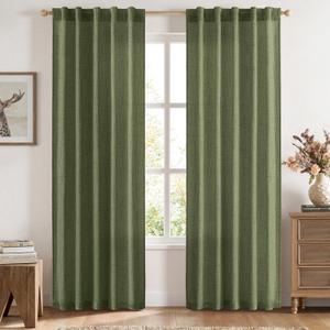 MIULEE Faux Linen Curtains 84 Inch Length 2 Panels Natural Olive Green Semi Sheer Curtain with Back Tab Rod Pocket, Light Filtering Window Privacy Burlap Drapes for Living Room Bedroom 42W x 84L