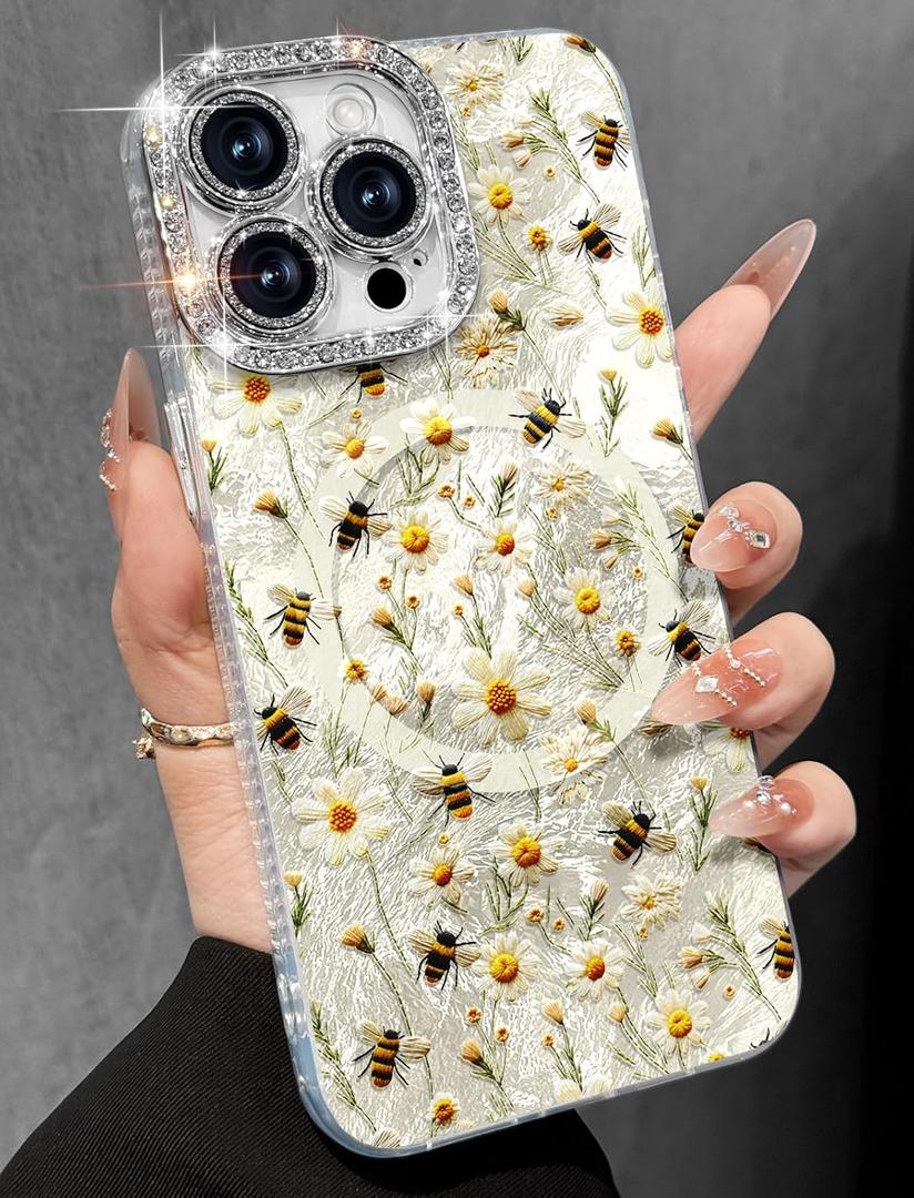 Toycamp for iPhone 15 ProMax Case - Compatible with Magsafe Aesthetic Cute Holographic i 15 Pro Max Case with Diamond Bling Lens Protector for Apple 15ProMax Cover for Women Girls, WH Flower Bee
