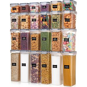 Airtight Food Storage Containers with Lids, Vtopmart 24 pcs Plastic Kitchen and Pantry Organization Canisters for Cereal, Dry Food, Flour and Sugar, BPA Free, Includes 24 LabelsBlack