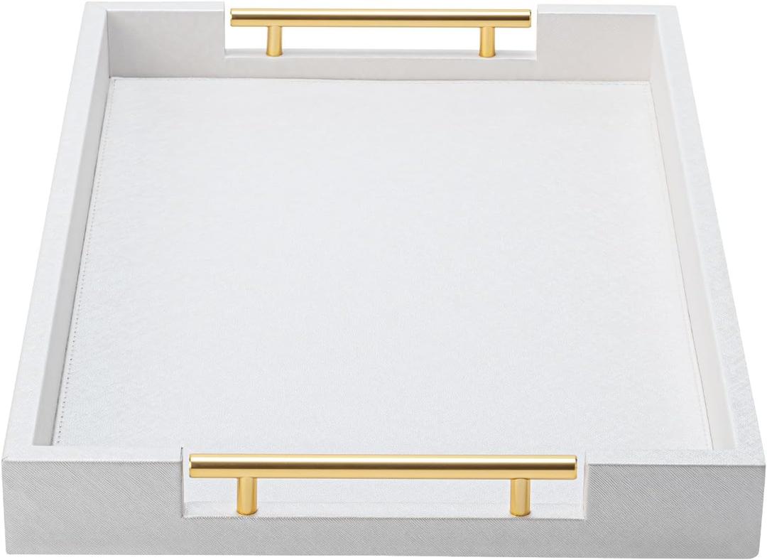 White Leather Decotative Coffee Table Tray,Modern Large Ottoman Tray Rectangle Serving Tray with Handles for Living Room Party (20" x 14" x 2")