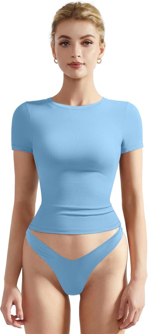 SUUKSESS Women Fitted Basic Tee Cotton Ribbed Crew Neck Summer Short Sleeve Y2K Crop Top (Blue, L)