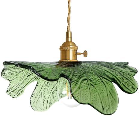 Auwieou Vintage Pendant Lights Green Glass Pendant Lighting Kitchen Island Hand Blown 1-Light Brass Pendant Light Farmhouse Hanging Light fixtures with Glass Shade for Dining Room Bedroom