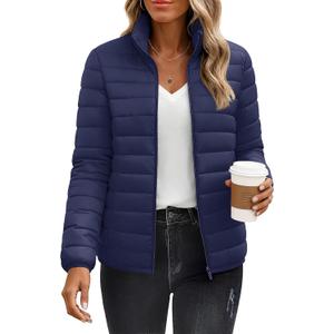 YUCOLEN Women's Puffer Jacket Quilted Winter Coat Padded Stand Collar Full-zip Warm Lightweight Puffer Coats (X-Large, Navy Blue)