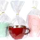 PigPotParty Cellophane Bags 8x11 Inch, 50 Pack Clear Plastic Gift Bags with Bottom Gusset for Stand-Up Display, Medium Cello Gift Wrap for Goodies, Treats, Party Favors, Mugs, Includes 50 Gold Ties