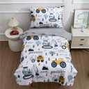 NTBED 4 Pieces Construction Toddler Bedding Set for Baby Boys,Tree Truck Vehicles Excavator Cars Printed, Includes Comforter, Flat Sheet, Fitted Sheet and Pillowcase,Light Grey