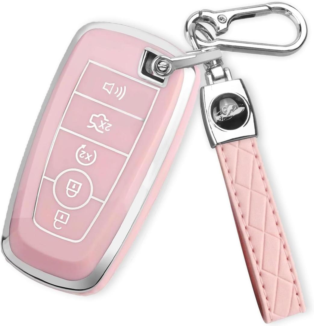 For Ford Key Fob Cover with Keychain, Soft TPU Key Case Shell Full Protection for Ford Explorer Fusion Escape Edge Expedition F150 F250 F350 F450 F550 Maverick Mustang(Pink)