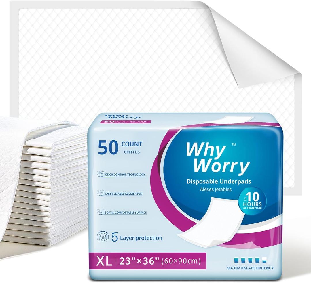 WhyWorry Extra Large Disposable Bed Pads 23" x 36", Super Absorbent Leakproof Incontinence Underpads for Surface Protection, Quilted Chucks Pee Pads for Adults and Babies, 200 Count (4 Packs of 50)