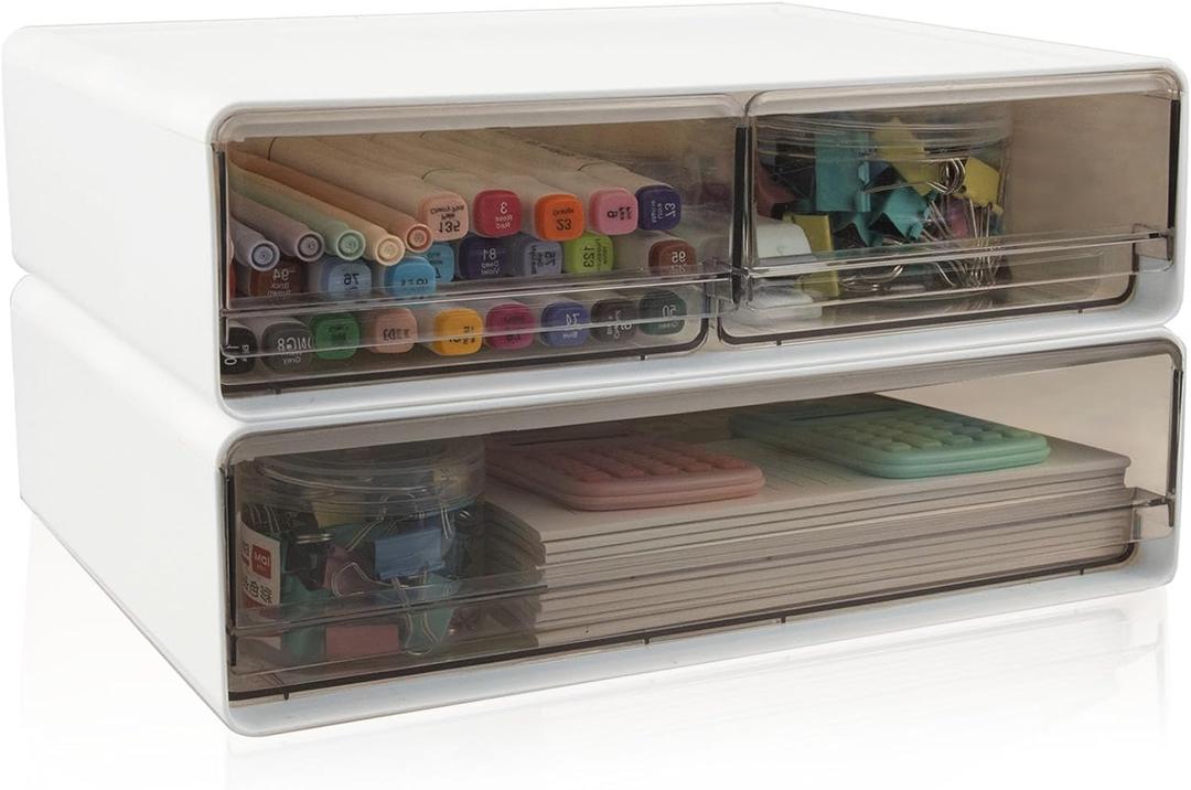2 Packs Large Stackable Desk Organizer Drawers, Plastic Desk Storage Drawers, Makeup Organizer Drawers with 3 Drawers for Desk, Home, School, Desktop, Dressing Table(White)
