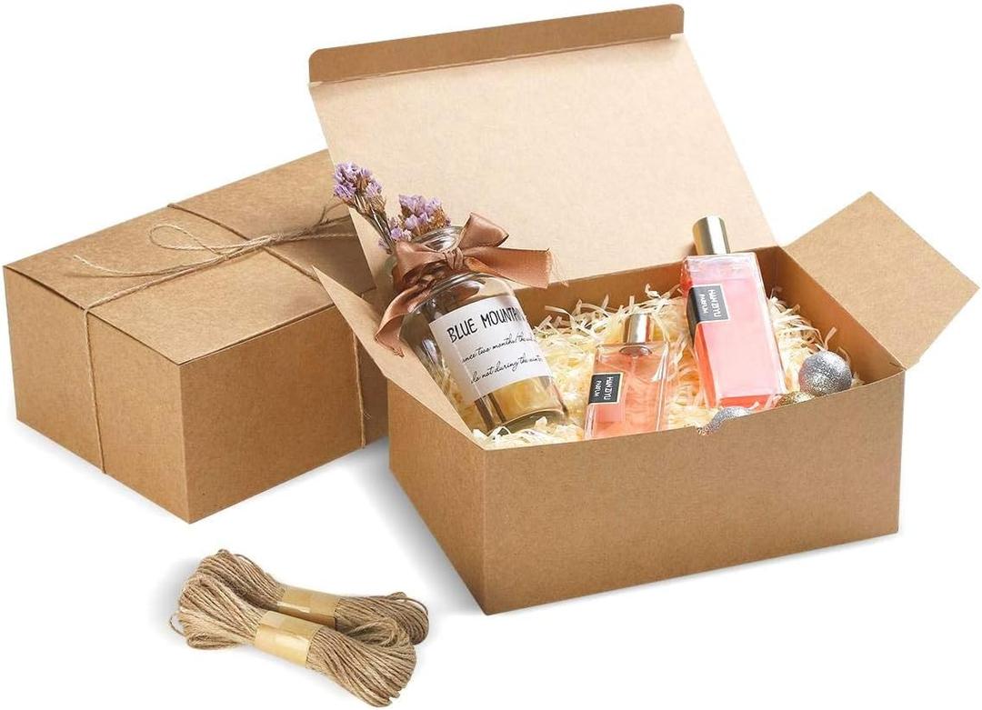 Frantis Brown Gift Boxes 9.45x6.5x4 Inches 10 Pack Paper Gift Box with Lids for Bridesmaid Gifts, Birthday, Party, ChristmasWedding, Crafting Cupcake Boxes, With 66 FT Twine
