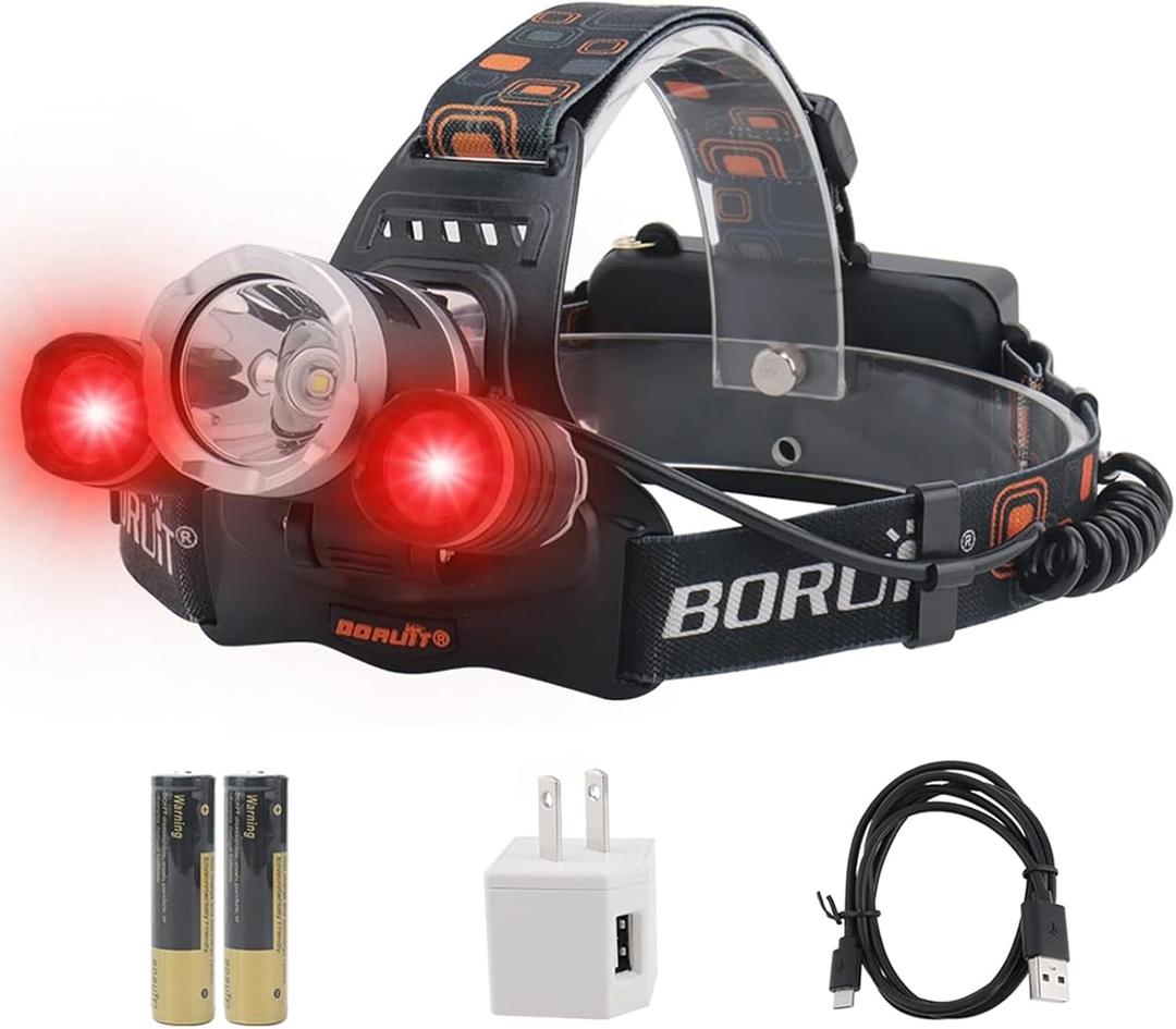 BORUIT RJ-3000 LED Rechargeable Headlamp,3 Modes White and Red LED Hunting Headlamps,Super Bright Tactical Flashlight Red Light Head Lamp for Running Camping Hiking Fishing