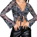 Avidlove Women Mesh Crop Top Y2K Tie Front Tops Rave Top Sheer Cardigan Sexy V Neck Outfits (Medium)