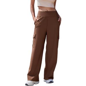 MOOSLOVER Women Wide Leg Dress Pants Stretch Pull On High Waisted Work Pants Business Casual Trousers with Pockets (Brown, L)