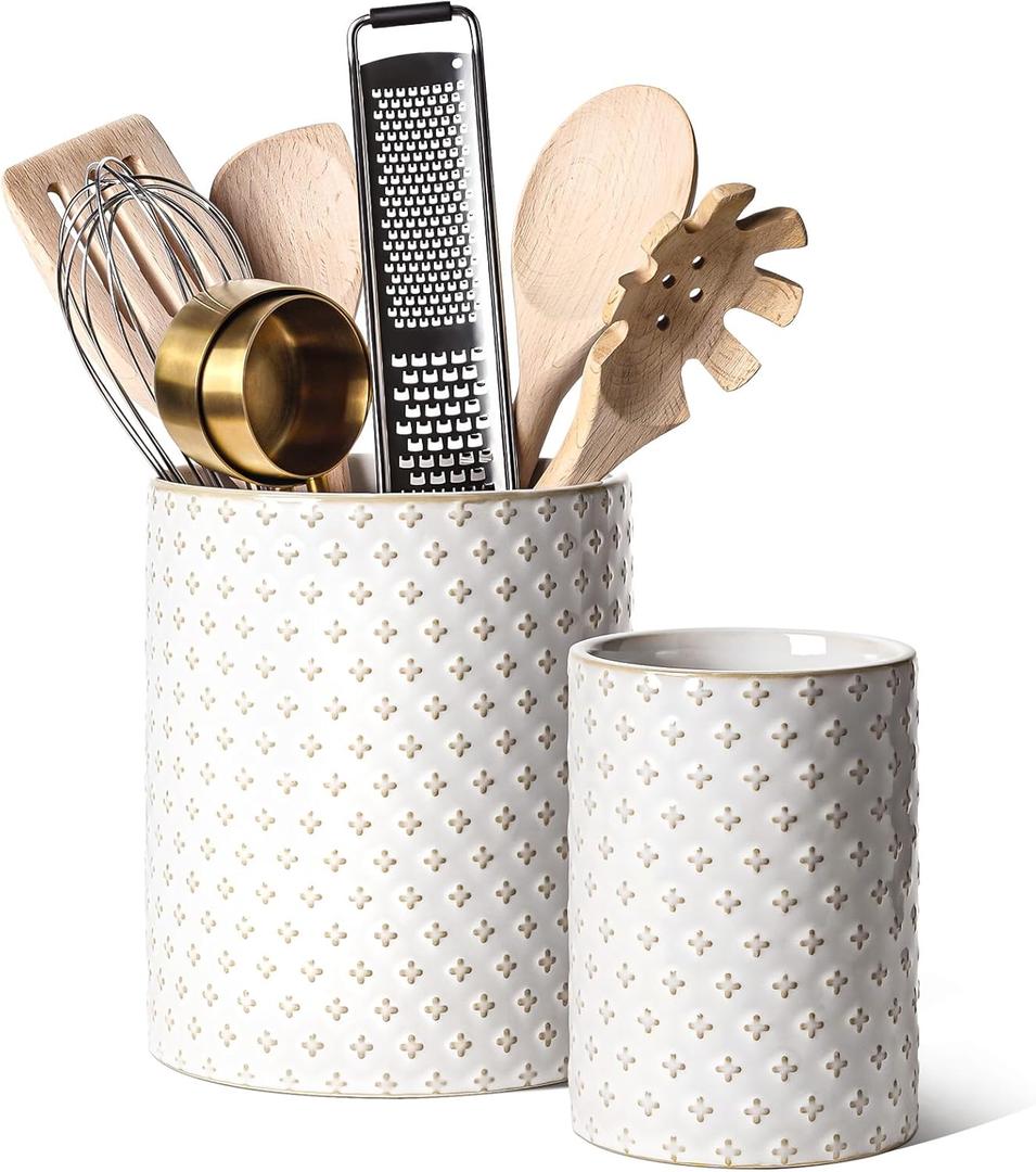 LE TAUCI Utensil Holder, 7.1"+5.4" Ceramic Kitchen Utensil Holder for Counter top, Embossed Cooking Utensil Organizer for Spatula & Spoon, Kitchen Decor, Set of 2, Arctic White, Clover
