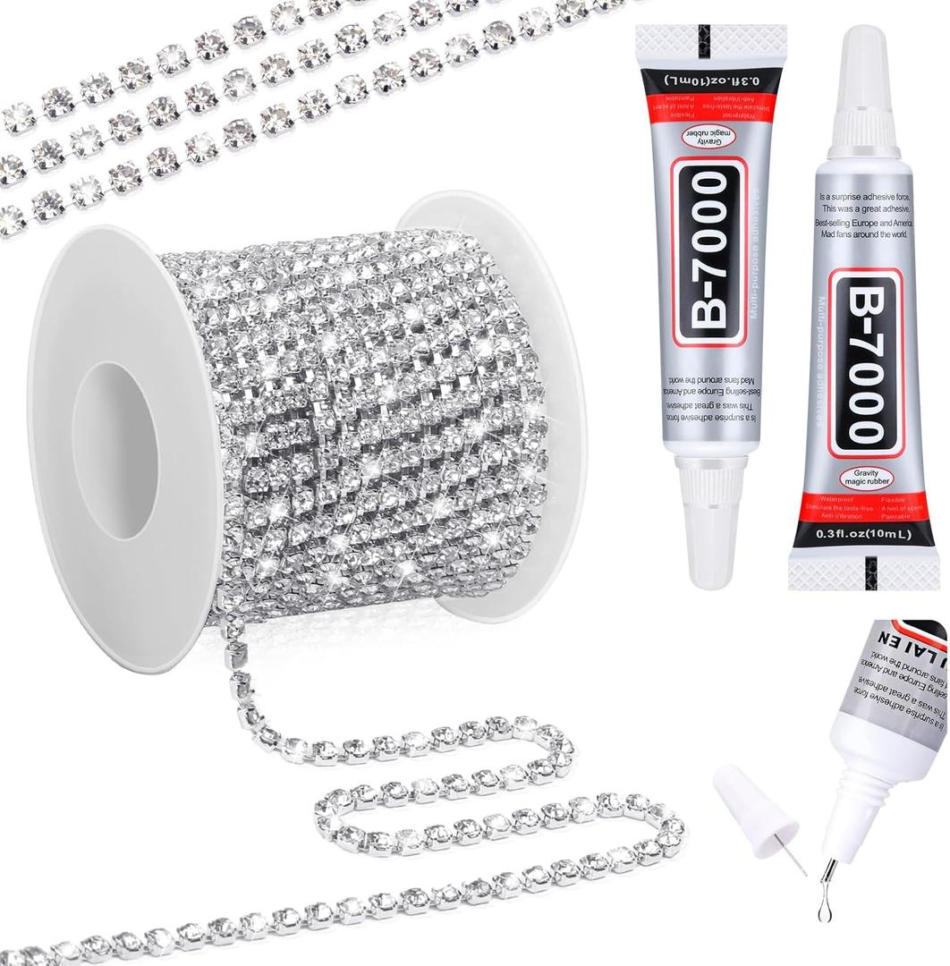 Crystal Rhinestone Close Chain Trim with B7000 Jewelry Glue, 11 Yards 4MM Silver with Clear Beads B-7000 Glue Rhinestones Chain for Crafts Sewing DIY Jewelry Wedding Decoration Sewing Beaded Trim