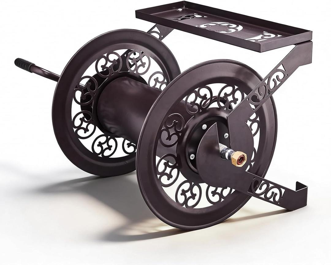 Outvita Wall Mounted Garden Hose Reel, Holds 175 ft 5/8-inch Hose, Manual Water Hose Holder Winder, Decorative Heavy-Duty, Space Saving, Easy Assmbly, for Yard Lawn Garage Backyards (Brown)
