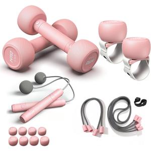 HTQ Adjustable Dumbbells, 5 in 1 Dumbbells Set Used as Barbell, Kettlebells, Jump Rope, Wrist Weights, Resistance Band, Fitness Exercises for Home Gym Suitable for Women, Pink/Green