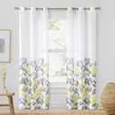 Print Semi-Sheer Eyelet Ring Farmhouse Curtains 96 Inches Long for Living Room Bedroom, Gray Yellow Floral Pattern on White Linen Textured Drapes, Grommet Top Window Treatments 42"W 2 Panel Sets