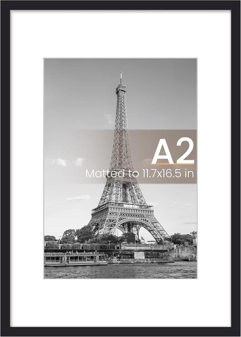 upsimples A2 Frame, Display Pictures 11.7x16.5 with Mat or 16.5 x 23.4 Without, Wall Hanging Photo Frames, Black, 1 Pack