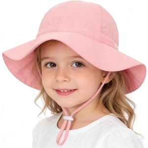 Toddler-Sun-Hat UPF 50+, Baby-Girl Wide-Brim-Bucket-Hat Soft-Breathable Summer-Beach-Cap with Chin for 2-8 Years (Pink)