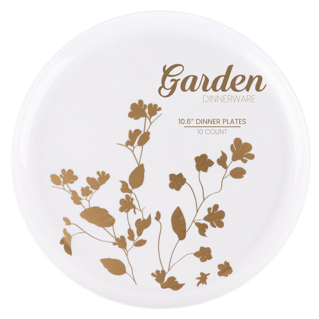 Garden Dinnerware White/Gold 10.6" Plates, Case of 120 (12 packs x 10)