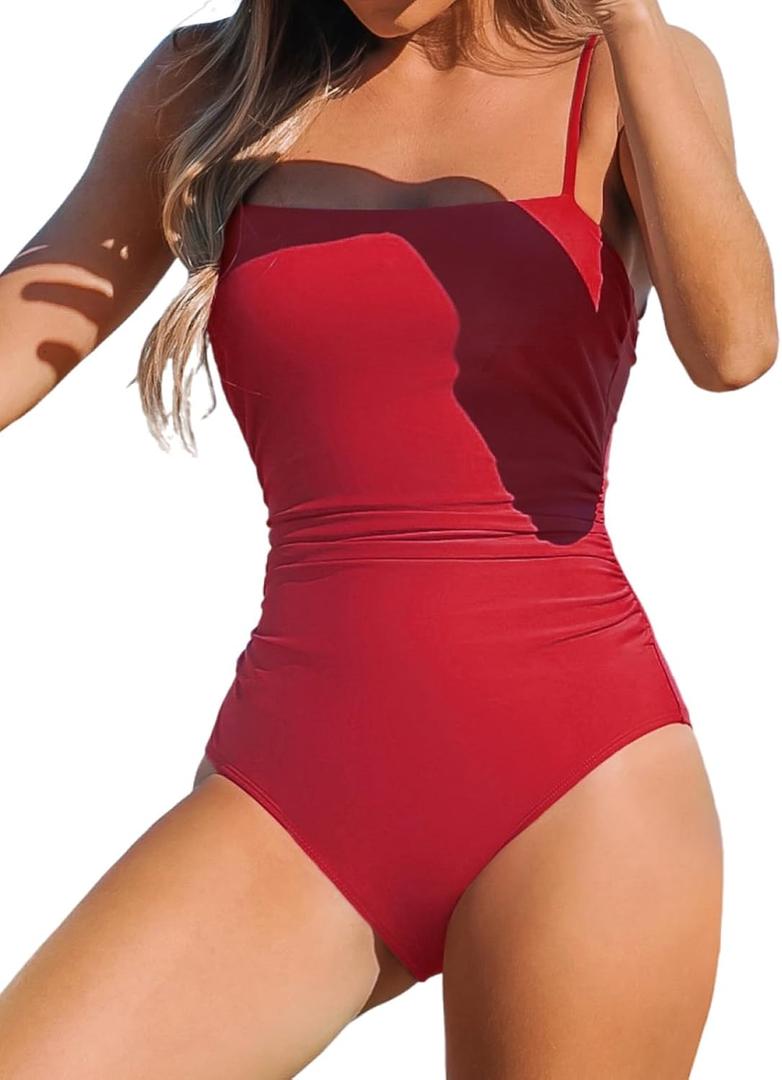 CUPSHE Women Swimsuit One Piece Bathing Suit Square Neck Cutout Back Tummy Control with Adjustable Spaghetti Straps (Red, M)