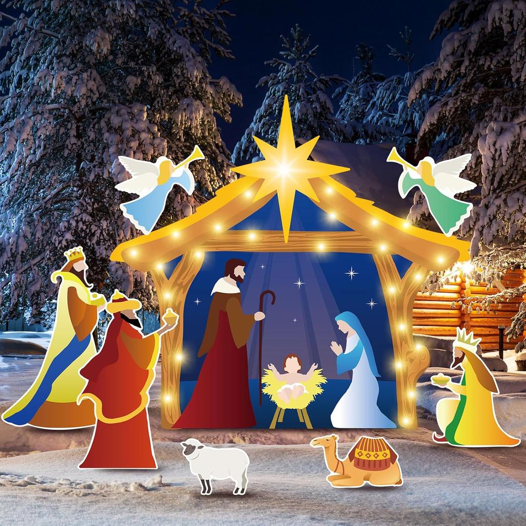 8 Pcs 44'' Lighted Nativity Scene Outdoor Christmas Large Nativity Yard Signs with Stakes and LED Lights Holy Jesus Birth Manger Scene for Yard Lawn Xmas Party Religious Decor
