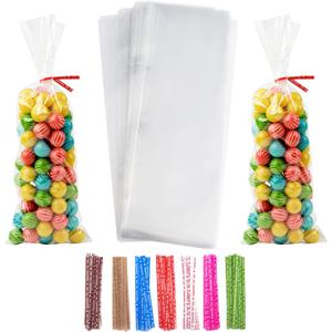 Volanic 100PCS Clear Treat Bags 5X11 Inches OPP Cello Cellophane Flat Bag With Colorful Twist Ties For Wedding Gift Candy Cookie Bakery Dessert Wrap