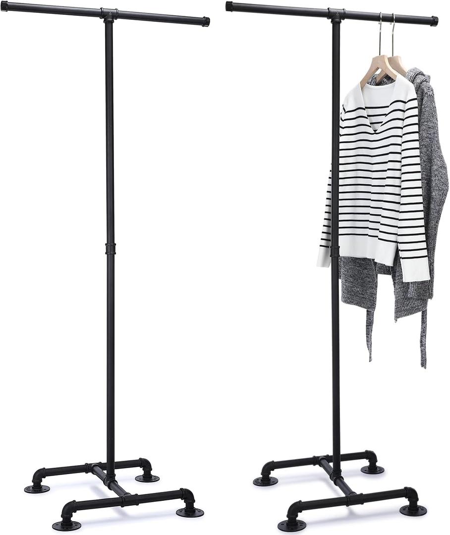2 Way Rack 62'' Height Industrial Pipe Clothing Rack Adjustable Boutique Clothing Stand Heavy Duty with 2 Straight Arms 4 Wheels for Garment Coat Retail Vendor Display Hanging (No Wheels)