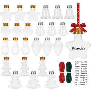 24 Christmas Fillable Balls,8 Styles Clear Plastic Fillable Ornaments with Screw Off Cap and Ribbons, 50ml Removable Top Hanging Ball Crafting DIY Christmas Ornaments for Xmas Tree Holiday Decor