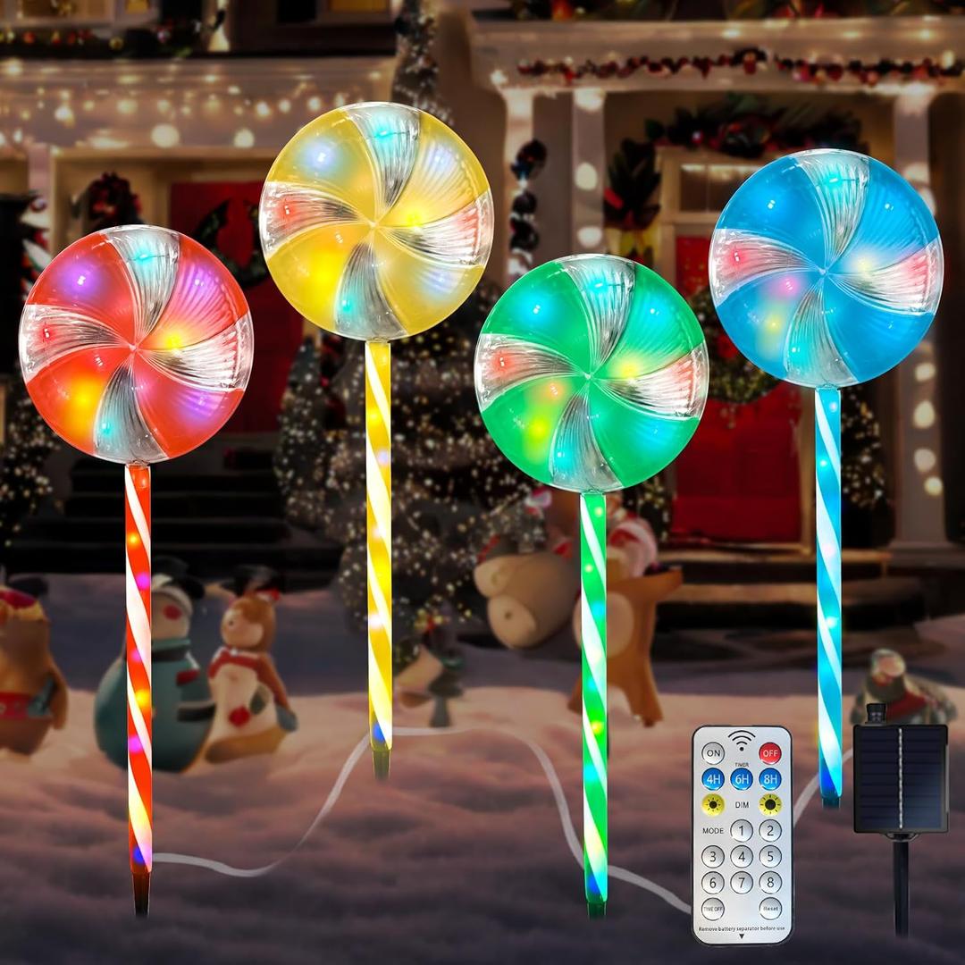 Candy Christmas Decorations Pathway Outdoor Solar Lights, 29 inches 80 LED Lighted Lollipop Solar Christmas Lights with 8 Modes Waterproof String Lights, Outdoor Lights for Yard Patio Walkway-4PCS (Multi-colored)