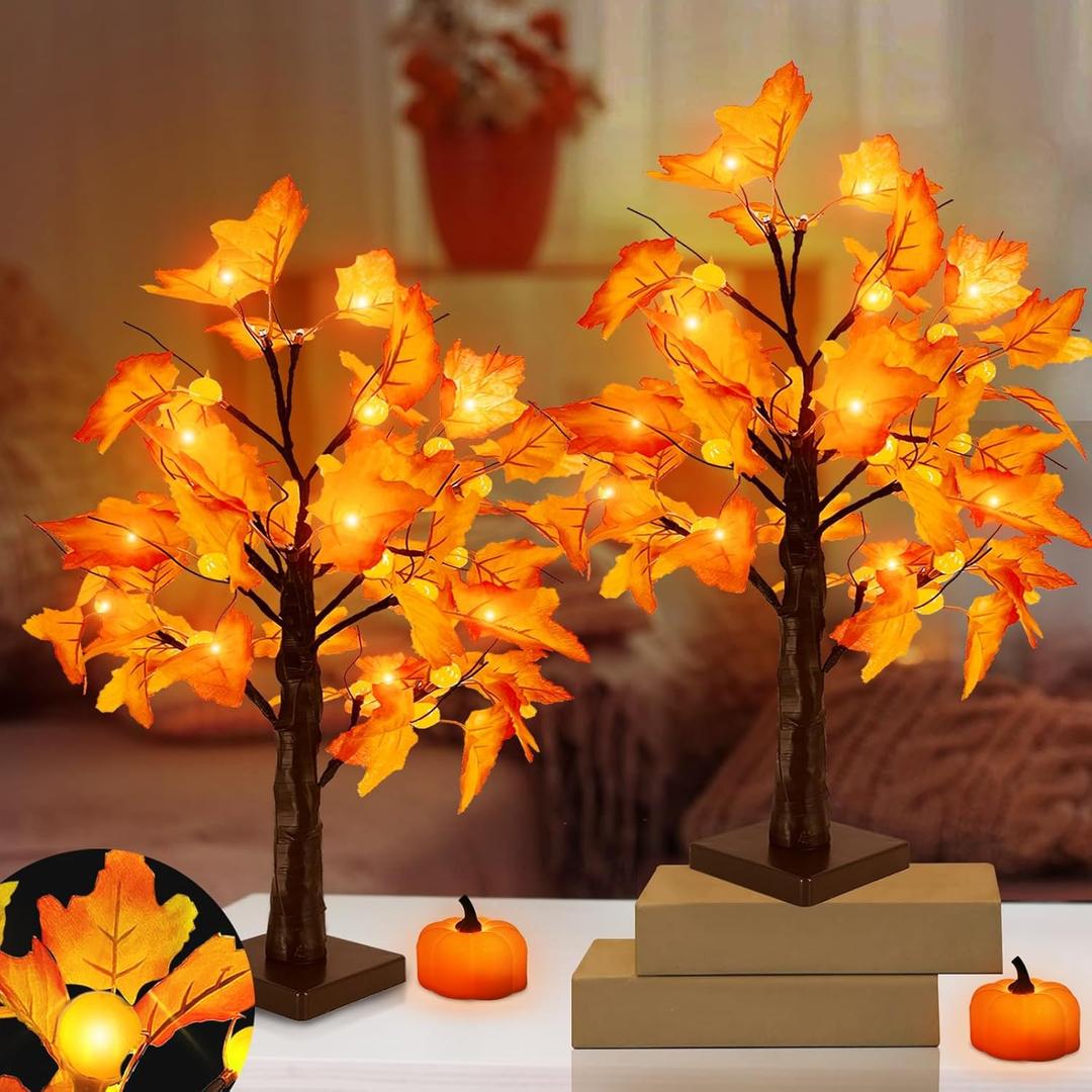 Timer - Fall Thanksgiving Tree, 18 Inch Prelit Lighted Maple Tree Thanksgiving Decorations with 24 Pumpkin Lights Battery Operated for Autumn Harvest Decor Indoor Home Table Halloween Christmas