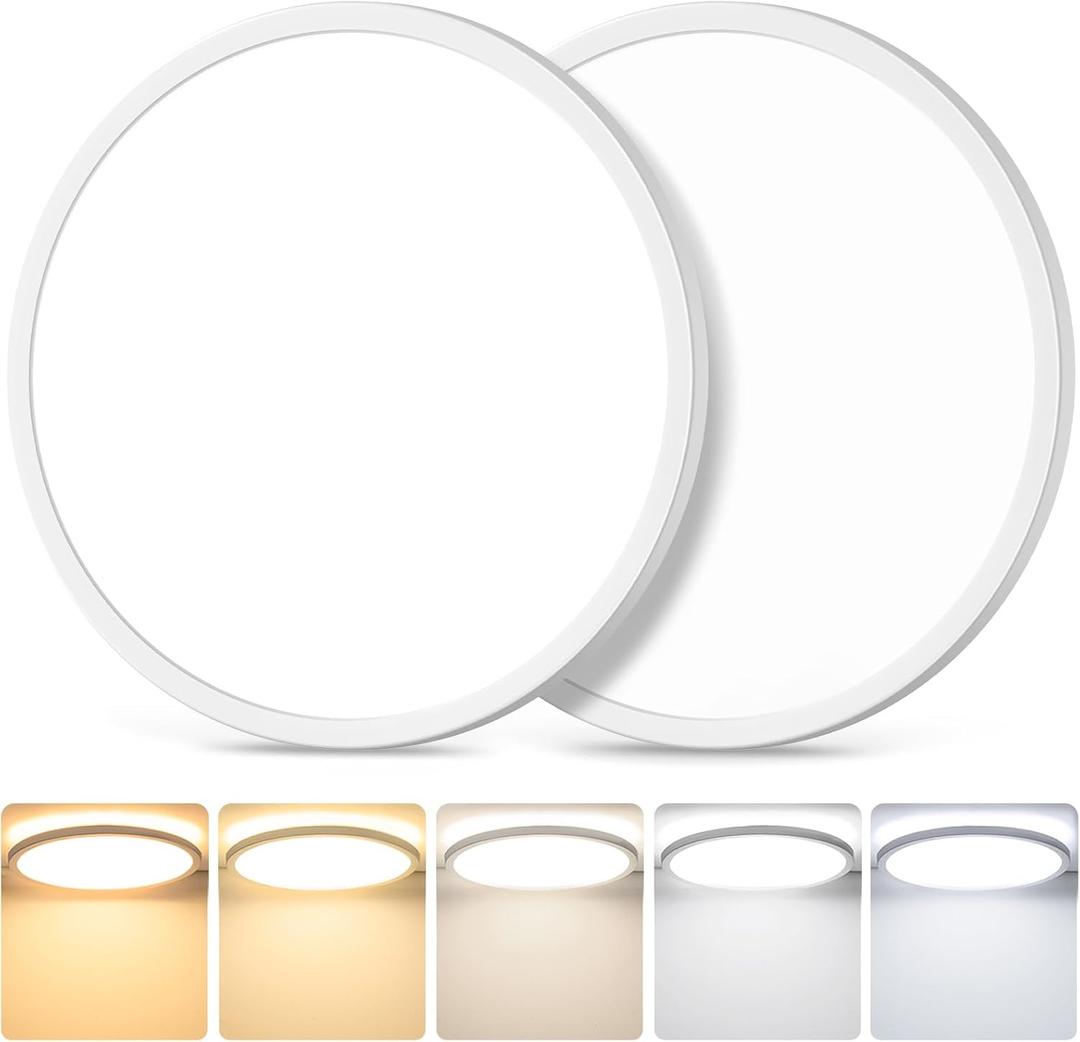 12 Inch 3200LM LED Flush Mount Ceiling Lights, 2-Pack 24W Ceiling Light Fixtures, 2700K/3000K/4000K/5000K/6500K 5 Color in One, Ultra Thin White Round Lamps for Kitchen, Bedroom, Hallway, Non-Dimmable