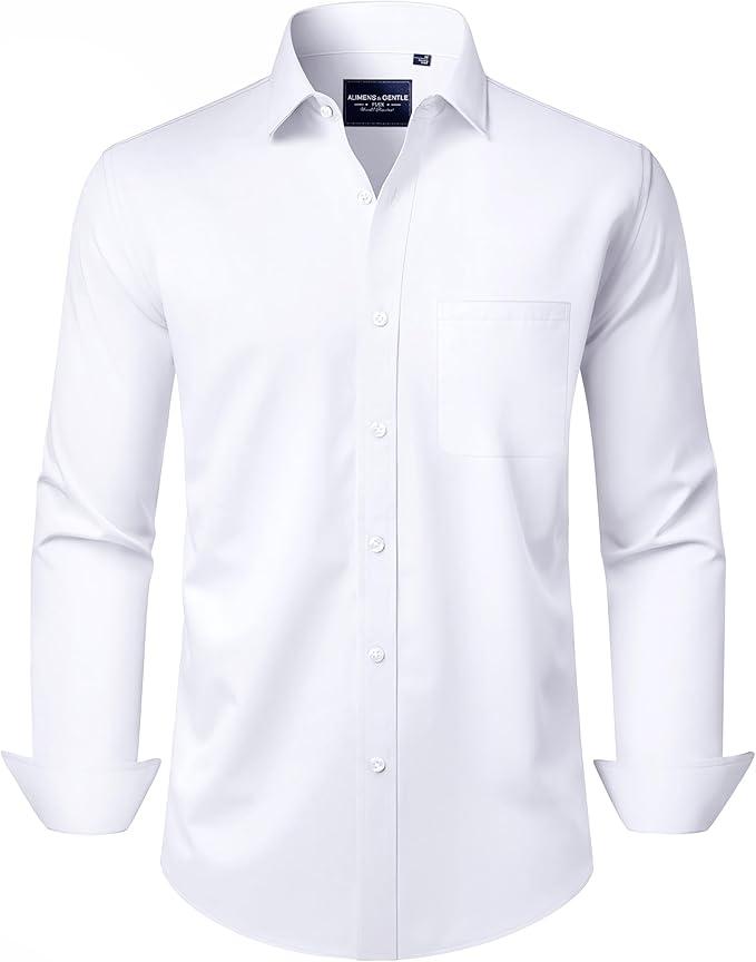 Alimens & Gentle Men's Dress Shirts Long Sleeve Wrinkle-Free Stretch Shirts Solid Formal Button Down Shirt with Pocket L White