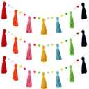 Syhood 3 Pcs Colorful Pom Pom Tassel Garland Classroom Each 50'' Boho Rainbow Felt Garlands Tassel Banner Birthday Baby Shower Boho Decoration for Nursery Wall Bedroom Home Decor(Rich Colors)