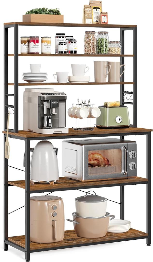 VASAGLE Coffee Bar, 39.4 Inches Baker's Rack for Kitchen with Storage, 6-Tier Kitchen Shelves with 6 Hooks, Microwave Stand, Industrial, Rustic Brown and Ink Black UKKS039K01