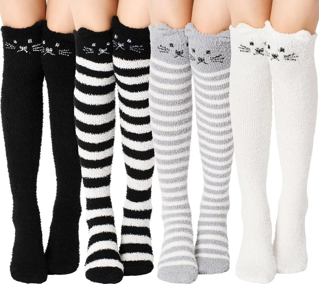 Geyoga 4 Pairs Knee High Fuzzy Socks for Girls Soft Warm Plush Soft Long Cozy Winter Socks for Christmas Winter Gifts
