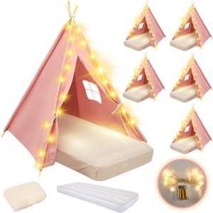 6 Pack Sleepovers Teepee Tent for Kids Bulk with Mattress Sheet Light,Natural Cotton Washable Indoor Play Tent for Birthday Slumber Party Girls Boys Pajama Movie Night Supplies(Pink), 61.81 x 25.98 x 7.09 inches