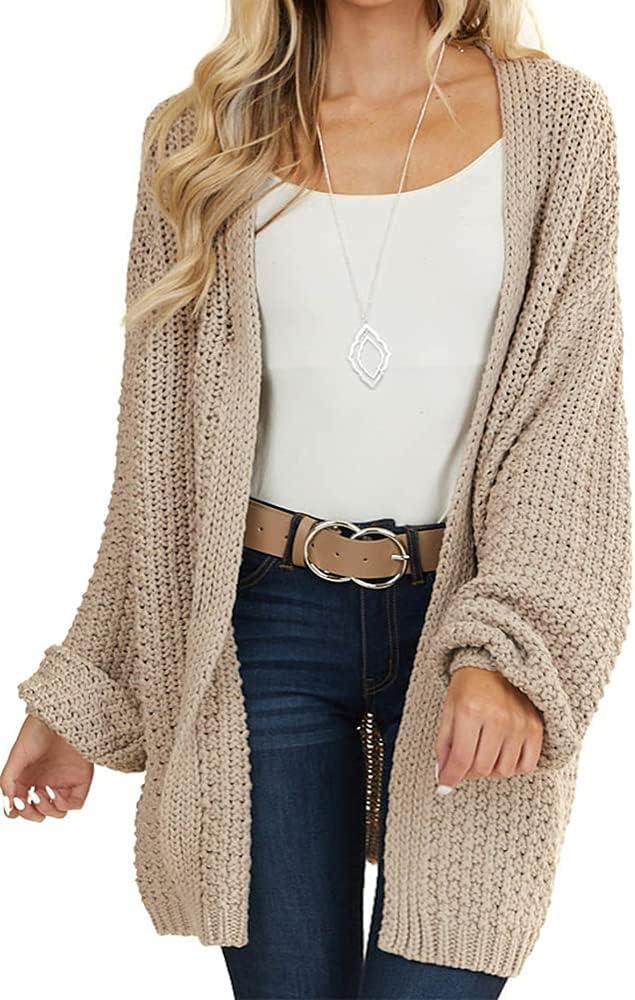 Maroway Womens Cardigan Solid Color Long Sleeve Open Front Chunky Knit Sweater Outwear (XX-Large, Khaki)
