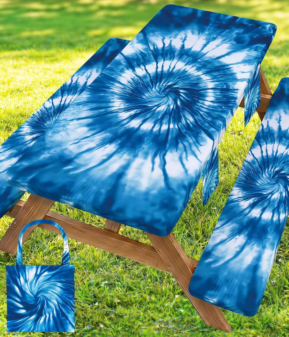 Picnic Table Cover with Bench Covers Camping Essentials Windproof Waterproof Patio Outdoor Tablecloth with Storage Bag, Fitted Rectangle Tables and Seats Tablecover for Rv Owner Camper 96in