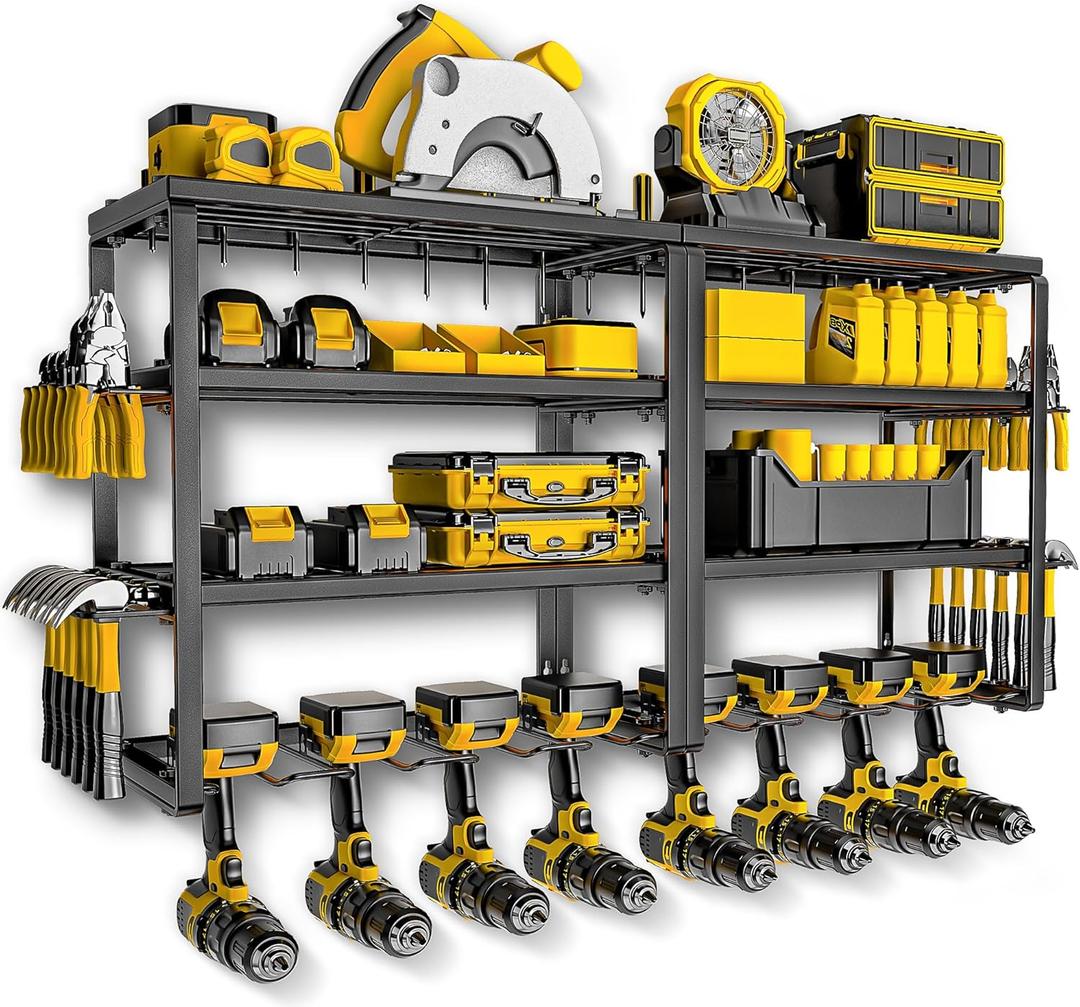Power Tool Organizer, 15 Min Quick Assembly & Max 150lb load by Heavy Duty Metal, 4 shelves 8 Slots for Cordless Drill in Garage/Workshop/Pegboard/Shed Suitable for Father's Day (4 shelves 4 slots 2p)