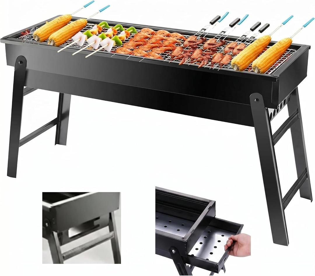 Portable Charcoal Grill, Portable Tabletop BBQ for Outdoor Cooking | Compact Folding Grill for Camping, Hiking, Picnics & Travel | 24”x13”x9” Lightweight Smoky Flavor Grill
