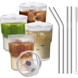 13 OZ Glass Cups with Lids and Straws, Iced Coffee Cups with Lids, Clear Ribbed Glassware for Coffee Smoothie Cocktail Ice Tea, Glass Tumbler with Straw and Lid, Set of 4