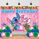 Pink Stittch Birthday Decorations,Pink and Blue Backdrops for Party Decorations Supplies,Anime Happy Birthday Banner Backdrop for Party Supplies (5x3ft)