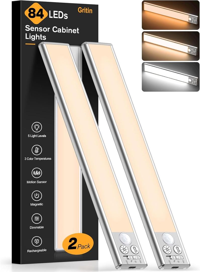 Gritin 10.2inch Under Cabinet Lighting Rechargeable -84 LED Super Bright,3-Color& 5 Level Brightness,4 Modes,Motion Sensor,Long Lasting- Easy Installation Magnetic Under Cabinet Closet Lights -2 Pack (Silver)