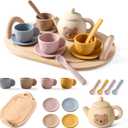 Tea Party Set for Little Girls 1-3 Kids Tea Set with Silicone Teapot Cups Coasters Carrying Scoop Wooden Tray, Kitchen Accessories Pretend Play for Girls Boys Age 3 4 5 (15 Pcs)